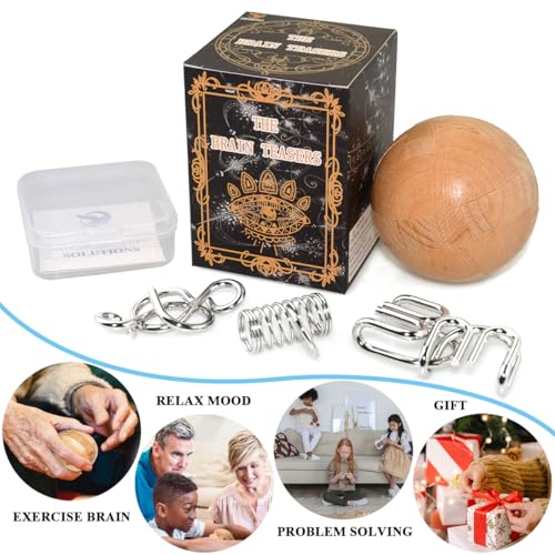 KINGOU Wooden Sphere Puzzle Brain Teaser Toy for Kids and Adults | Measures 2.36 inches, ideal ball stocking stuffer puzzle gift, includes 3 random metal puzzles and guide