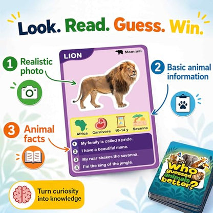 Quokka Who Guess It Better Animals Volume 1 – Educational Game with Visual Clues, Animal Discovery Card Set, 50 Cards, Screen-Free Travel Game for Kids Ages 6+ - color: Animals