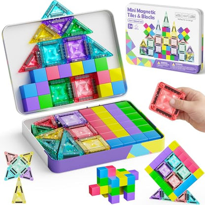 burgkidz Magnetic Tiles Travel Set: 48 PCS 3-in-1 Diamond Tin Box Mini Magnetic Blocks for Kids Ages 3-8, 60-Mins Quiet Focus with 45-Second Cleanup, Perfect for Air Travel & Car Trips Boys & Girls