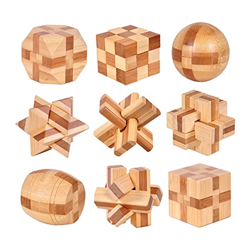 VolksRose 9pcs Wooden Brain Teaser Puzzles, IQ Challenge Puzzle Games, Logic Smart Mind Puzzle Box Lock Toy Removing Assembling 3D Small Puzzle Gift Set for Adults Teenagers Kids, 1.8inch 4.5cm - color: A-9pcs-4.5cm