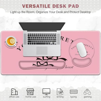 Gaming Mouse Pad, Large Desk Mat, 4in1 XXL Mousepad Cute Desk Pad Protector | Keyboard Wrist Rest+Mouse Wrist Rest+Coaster Set with Ergonomic Desk Pad for Home Office Table Computer, Pink Pretty Bow - color: Pink Pretty Bow