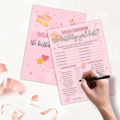 Birthday Party Games, Who Knows The Birthday Girl Best, 25 Pcs Double-Sided Fill-in Card Set for Guests, Fun Birthday Game for Teen Adults – A09