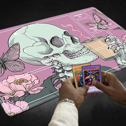 MTG Playmat with Zones, TCG Card Game Play Mat with Stitched Edges, Non-Slip Rubber Base Gaming Desk Mat, Smooth Surface 24 x 14 Inch, Goth Skull Pink - color: Goth Skull Pink, size: Zone 1