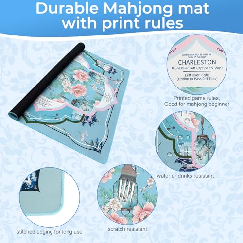 American Mahjong Mat with Rules Peony Pavilion Design, 31.5" x 31.5" | American Mahjong Mat with Printed Rules, Anti-Slip, Noise-Reducing for Poker, Board Games, Dominoes, Card Games - color: Light Blue