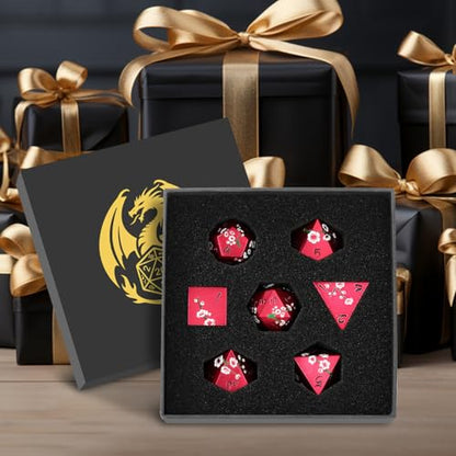 Metal Dice Set, Flat Face Red Plum Blossom Pattern, 7pcs Polyhedral Metal DND Dice Set, DND Starter Set, D&D Gifts with Gift Box, Role Playing Board Games Accessories, Red - color: Red With Gift Box