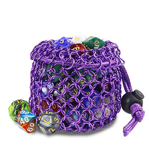 YOUSHARES Chainmail D&D Dice Bag for Dungeons and Dragons Drawstring Stainless Steel Dice Bag Dice Set (Hold 42 DND Dice, Purple) - color: Purple