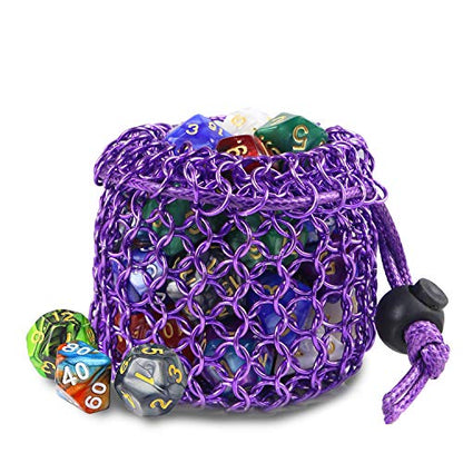 YOUSHARES Chainmail D&D Dice Bag for Dungeons and Dragons Drawstring Stainless Steel Dice Bag Dice Set (Hold 42 DND Dice, Purple) - color: Purple