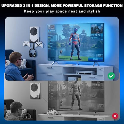 Wall Mount Kit with Detachable 2 Controller Holder & 1 Headphone Hanger & Dust Plugs Net Kits, Metal Wall Mount Stand Compatible with Xbox Series S, Black - color: Black