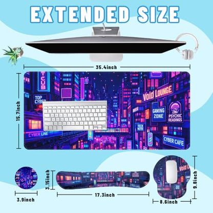 Cyber City Desk Mat Set Neon Gaming Night Large Mouse Pad with Wrist Rest 4-in-1 Desk Mat for Desktop Ergonomic Computer Desk Arm Wrist Anti-Slip Computer Ergonomic Mouse Pad Home Office Gaming - color: Cyber City, size: 34.5" x 15.7"