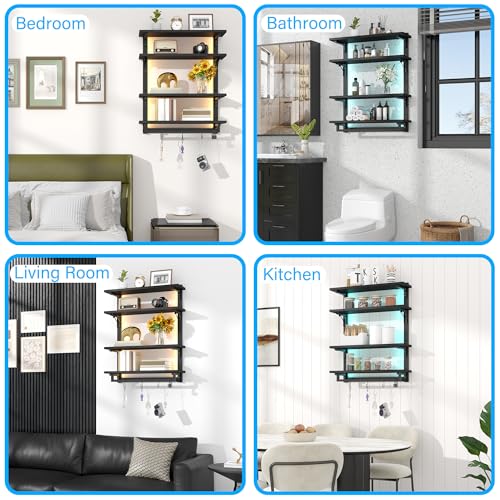 Spacesea Foldable Gaming Floating Shelves with Adjustable Shelf, 24 Inch Wall Mounted Shelves with Dynamic LED, 4 Tier Wall Mounted Shelves with Towel Bar & 8 Hooks, Cool Wall Display Rack