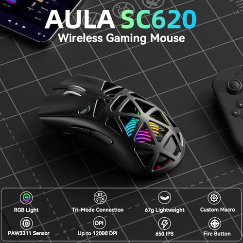 Aula SC620 Wireless Gaming Mouse, Tri-Mode 2.4GHz/USB-C/BT5.3 Computer Mouse with 12000 DPI, Programmable Macro Gamer Mouse with Rapid Fire Key, RGB Light Gaming Mice for PC/Laptop/Mac(Black) - color: Black