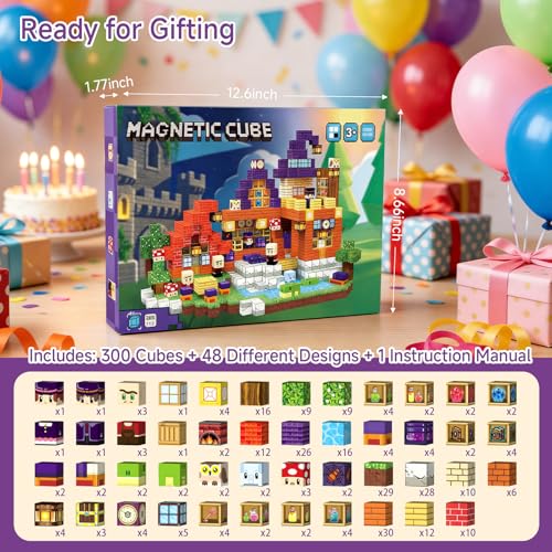 Magic Forest Magnetic Blocks Set for Creative Construction | 300 Pcs Building Toys with 48 Patterns - 0.8" Pixel Sensory Cubes- Birthday Gift for Kids 3-8 - style: Magic Wizard 300