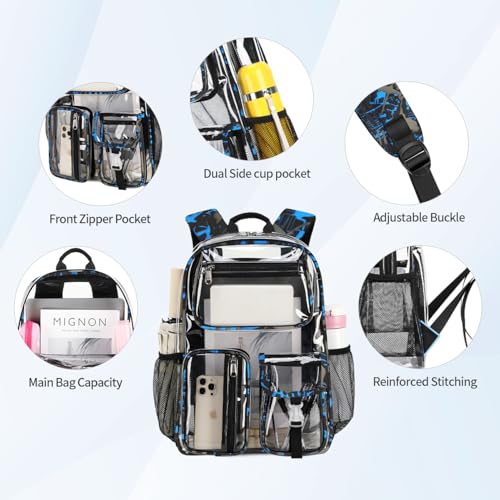 Large Clear Backpack Heavy Duty For Stadiums Events,16in TPU Blue BookBag | Large capacity See Through strong Plastic backpack Stitch Durable Design 6-Pocket For School carry Airport Quick Security - color: Blue