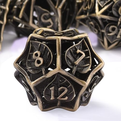 AUSTOR Metal DND Dice Set 7 Pieces Leaf DND Dice Hollow Polyhedral Dice D20 D12 D10 D% D8 D6 D4 Metal Dice with Metal Box for Dungeons & Dragons RPG Board Games (Antique Bronze) - color: Antique Bronze
