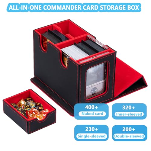 MTG Deck Box for Commander with Dice Tray,Designed for MTG Commander | Card Deck Box Fits 200+ Double Sleeved Cards,Card Storage Box with 3 Dividers 2 card holder - color: Red