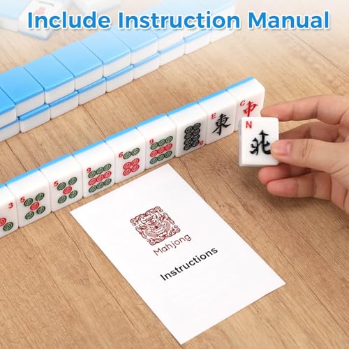Mahjong Tile Set, 146pcs Professional Chinese Mahjong Set with Instruction Manual, Premium Mah Jongg Sets with Storage Box, 1.4" Mah Jong Tiles Easy to Grab, Game for Gathering, Party, Camping - color: Blue