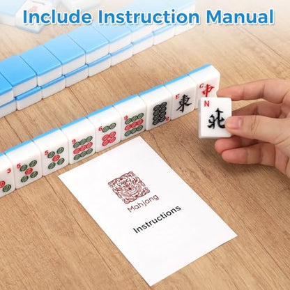 Mahjong Tile Set, 146pcs Professional Chinese Mahjong Set with Instruction Manual, Premium Mah Jongg Sets with Storage Box, 1.4" Mah Jong Tiles Easy to Grab, Game for Gathering, Party, Camping - color: Blue