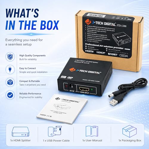 4K@60 HDMI Splitter 1 in 2 out 1X2 Powered Splitter for Dual Monitors by J-Tech Digital [JTD-MINI-1X2SP]