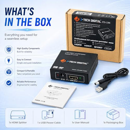 4K@60 HDMI Splitter 1 in 2 out 1X2 Powered Splitter for Dual Monitors by J-Tech Digital [JTD-MINI-1X2SP]