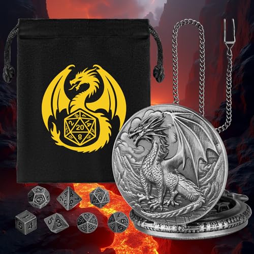 Mini DND Dice Set with Steampunk Dragon Pocket Watch Shell Case, 7pcs Polyhedral Metal DND Dice Set, DND Starter Set, D&D Gifts with Dragon Logo Gift Bag, Role Playing Board Games Accessories, Silver - color: Silver