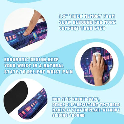 Cyber City Desk Mat Set Neon Gaming Night Large Mouse Pad with Wrist Rest 4-in-1 Desk Mat for Desktop Ergonomic Computer Desk Arm Wrist Anti-Slip Computer Ergonomic Mouse Pad Home Office Gaming - color: Cyber City, size: 34.5" x 15.7"