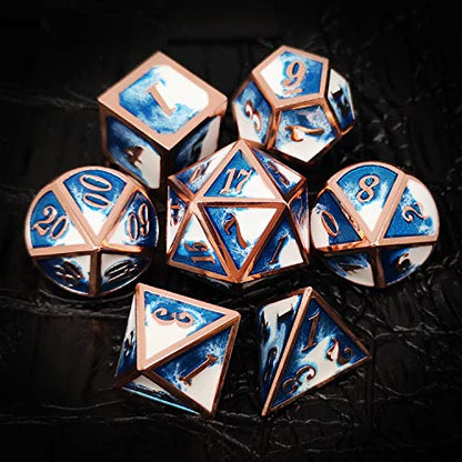 Haxtec Metal DND Dice Set, 7 Pcs Blue-White Polyhedral Dice for RPG | Copper Edge D&D Dice with Leather Bag, Compatible with Dungeons and Dragons, Heavy Metallic, Gifts for Table Games - color: Copper Blue White
