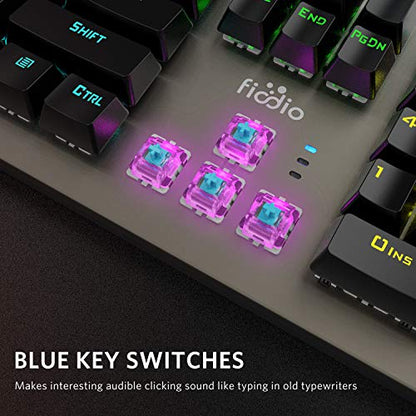 Mechanical Gaming Keyboard, Wired RGB Rainbow Backlit with Blue Switches, Ergonomic Standard Keyboard for PC Gaming