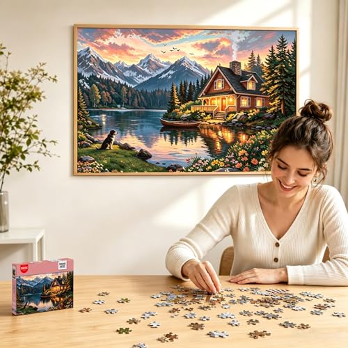 1000 Piece Puzzle for Adults, 20 x 27 inches Jigsaw Puzzles - Lake | Tight Piece Fit, 1:1 Reference Poster, Lettered Back, Minimal Puzzle Dust, Vibrant Colors, 2mm Extra-Thick Pieces - color: 1000 Pieces-mountain Lake Cabin