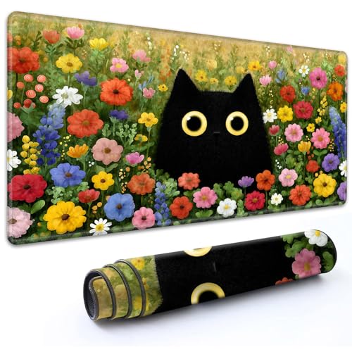 for MTG Playmat 24" x 14" with High Elastic Rubber Base Non-Slip Rubber Sole HD Printing for TCG Mat Magic Playmats MTG Game Mat, Black Cat Colorful Flowers - color: Black Cat Colorful Flowers, size: 24" x 14"