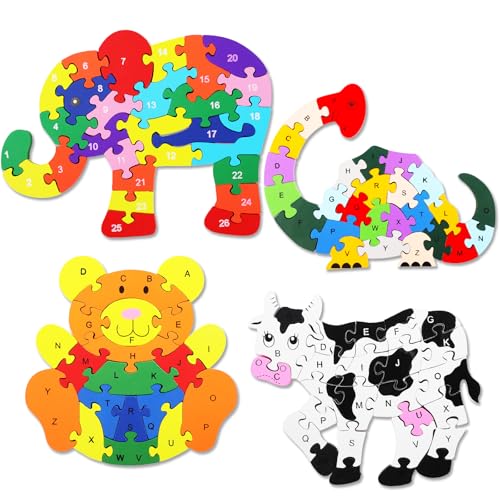 Yunsailing 4 Pcs Alphabet Jigsaw Puzzle Wooden Blocks Toys Alphabet Educational Toddler Puzzle Toys for Preschool Learning Party Favor Gift Learning(Elephant, Bear, Dinosaur, Cow) - style: Elephant, Bear, Dinosaur, Cow