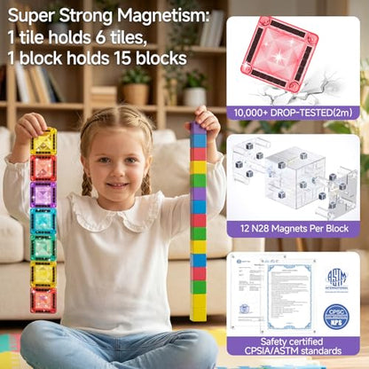 burgkidz Magnetic Tiles Travel Set: 48 PCS 3-in-1 Diamond Tin Box Mini Magnetic Blocks for Kids Ages 3-8, 60-Mins Quiet Focus with 45-Second Cleanup, Perfect for Air Travel & Car Trips Boys & Girls