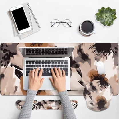 Britimes Brown Boho Tribal Flower Keyboard Mouse Pad Set 4in1 Large Mousepad+Keyboard Wrist Rest+Mouse Wrist Rest+Coaster Set with Ergonomic Design for Home Office Computer 35.4x15.7 inches - color: Brown Boho Flower