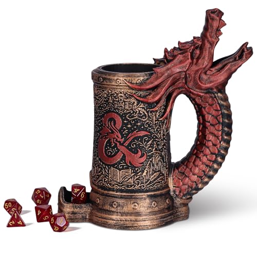 Dice Tower Mug DND Dice Rolling Tower with 7 PCS Dice Set | Red Dragon Dice Tower Suitable for Dungeons And Dragons, Tabletop Games, Available As Drink Holder, RPG Gifts. - color: Red Dragon