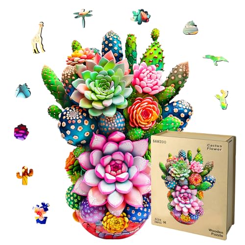 Wooden Puzzles for Adults, Cactus Flower 300 Piece Unique Shaped Puzzle, Creative Wooden Jigsaw Puzzle Gift, Family Game, Wall Art Decor, - color: Cactus Flower, size: 300PCS