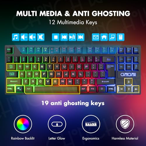 CHONCHOW Wireless Gaming Keyboard and Mouse Combo, Rechargeable 87 Key LED Light Up Keyboard Ergonomic Gaming Mouse, Backlit Wireless Mouse and Keyboard for Xbox PS4 PS4 PC Laptop