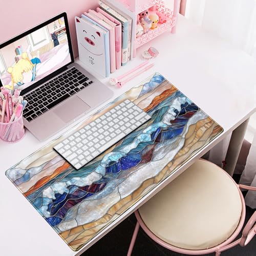Mountain Sunrise Gaming Mouse Pad Large Desk Mat Extended Mouse and Keyboard Pad, Faux Stained Glass Nature Mousepad with Stitched Edge Mouse Desk Pad Computer Mat Soft Aesthetic Decor 31.5 X 15.7 in - color: D-enamel Beach