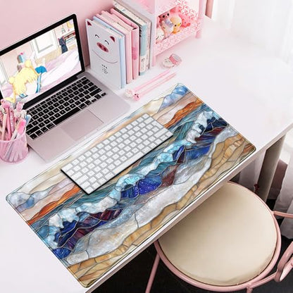 Mountain Sunrise Gaming Mouse Pad Large Desk Mat Extended Mouse and Keyboard Pad, Faux Stained Glass Nature Mousepad with Stitched Edge Mouse Desk Pad Computer Mat Soft Aesthetic Decor 31.5 X 15.7 in - color: D-enamel Beach
