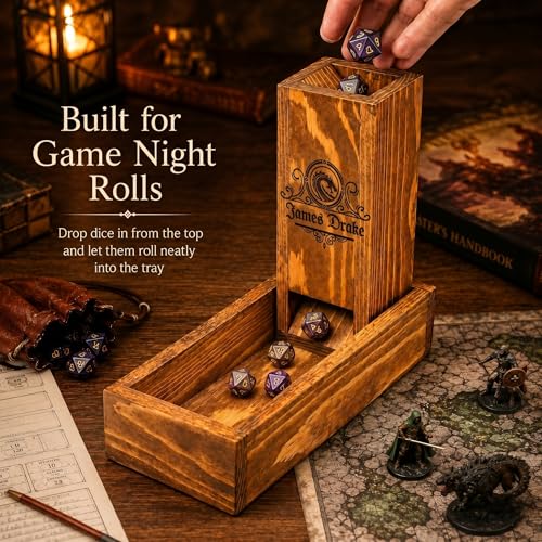 Personalized DND Gift – Custom Wooden Dice Tower with Tray, Engraved RPG Dice Roller, Dungeon Master Gift, Unique Gift for DND Player, Tabletop Gaming Accessory