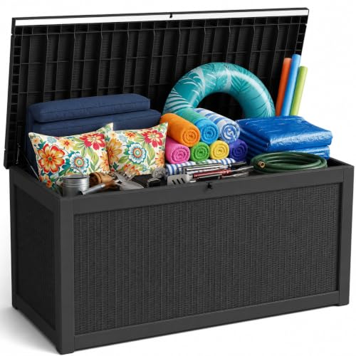 Vixzen 320 Gallon Deck Box, Lockable Waterproof Resin Storage Box，Black | Lid Supports Seating, Tool-Free Snap Assembly, Weatherproof UV-Resistant Resin, Padlock Ready, Side Handles - color: Black, size: 320 Gallon