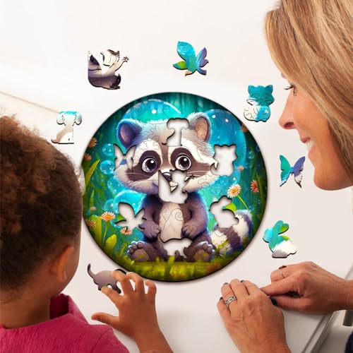 Wooden Puzzles for Kids Ages 4-8, Cute Raccoon Puzzle, Unique Animal Shaped Wooden Jigsaw Puzzles for Kid, 50 Pieces Puzzles for Kids(50pcs,11.4 * 11.4in) - color: Cute Raccoon