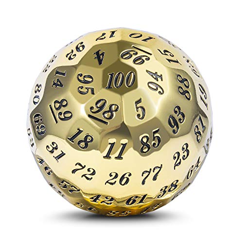 DNDND Sigle Gold Metal D100 Dice, 100 Sided Dice with Metal Case and Velvet Bag (Gold with Black Number) - color: Gold With White Number