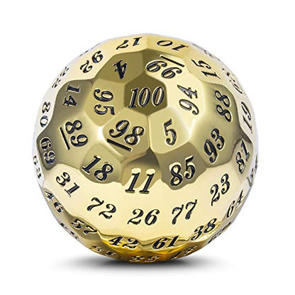 DNDND Sigle Gold Metal D100 Dice, 100 Sided Dice with Metal Case and Velvet Bag (Gold with Black Number) - color: Gold With White Number