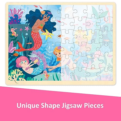 48 Piece Mermaid Wooden Jigsaw Puzzles for Kids Ages 3-5 | For 3 Year Old, Preschool Puzzle Ages 4-8, With Tray - style: 48 Piece