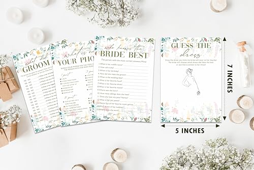 Wildflower Bridal Shower Games Set, 4 Games Includes Find The Dress, What's On Your Phone, What Did The Groom Say, Who Knows The Bride Best, 50 Double-Sided Cards, Wedding Party Supplies -01 - style: 4 Games Set-01