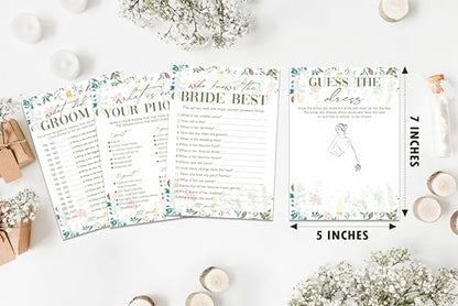 Wildflower Bridal Shower Games Set, 4 Games Includes Find The Dress, What's On Your Phone, What Did The Groom Say, Who Knows The Bride Best, 50 Double-Sided Cards, Wedding Party Supplies -01 - style: 4 Games Set-01
