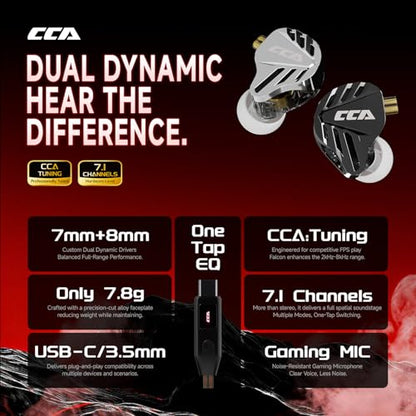 CCA Falcon 2 DD in Ear Monitor, Immersive Stereo Gaming Earbuds, HiFi Noise Isolating in Ear Headphones, Crystal Clear & Deep Bass IEMs for Gamers Singers Musicians Audio Engineers - color: Silver