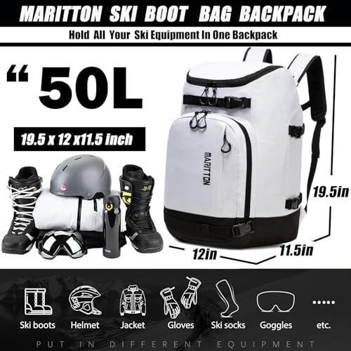 Ski Boot Bag - Boot Travel Backpack for Snowboard & Ski Boots, Helmet, Goggles, Gloves, Accessories - color: white