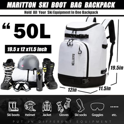 Ski Boot Bag - Boot Travel Backpack for Snowboard & Ski Boots, Helmet, Goggles, Gloves, Accessories - color: white