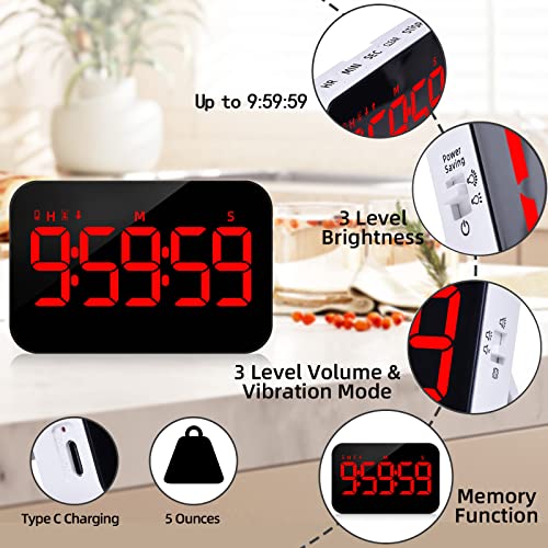 PERSUPER Digital Timer Kitchen Timer Count Down Up Rechargeable Kitchen Gadgets Vibration Mode Adjustable Volume and Brightness LED Display Time Management for Cook, Desk, Kids Adults Study Teaching | Adjustable Volume and Brightness LED Display, Time Man