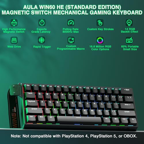 Aula WIN60 HE - 60% Mechanical Gaming Keyboard Wired, Magnetic Switch Hot Swappable, Adjustable Actuation Rapid Trigger Mode, 8000 Hz Polling Rate, RGB Small Keyboard 60 Percent Compact Design for PC - color: Black
